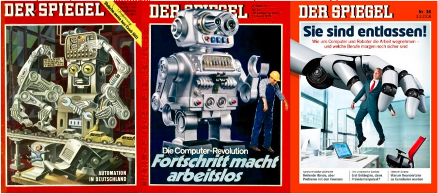 Strachy z robotov sa objavujú vo vlnách. Titulky Der Spiegel z rokov 1964, 1978 a 2016 strašiace nezamestnanosťou z automatizácie.