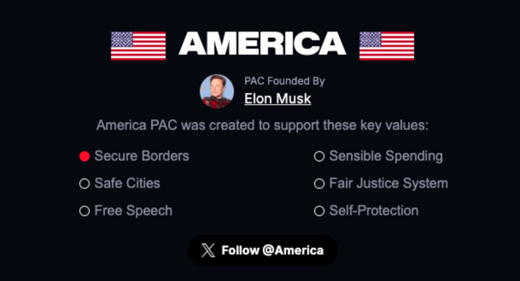 Stránka výboru pre politickú činnosť America PAC, ktorý založil miliardár Elon Musk. Reprofoto: theamericapac.org