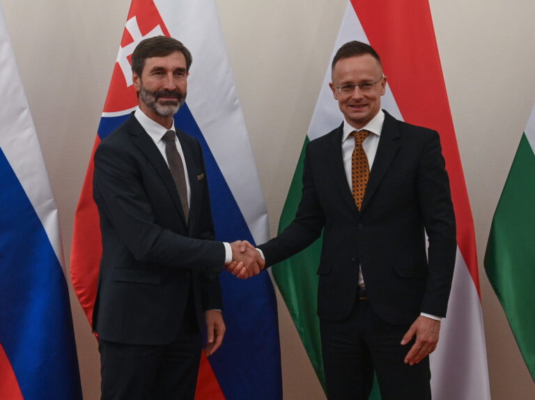 Slovenský minister zahraničných vecí Juraj Blanár (vľavo) a maďarský minister zahraničného obchodu a zahraničných vecí Péter Szijjártó počas stretnutia v Budapešti vo štvrtok 14. novembra 2024. Foto: TASR/DUNA/MTI/Zoltán Mathé